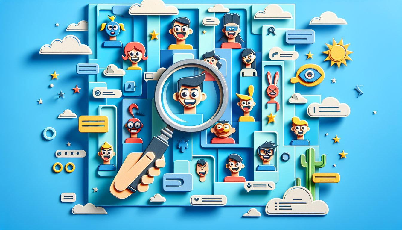 Paper art illustration for a cartoon character personality quiz on a sky blue background