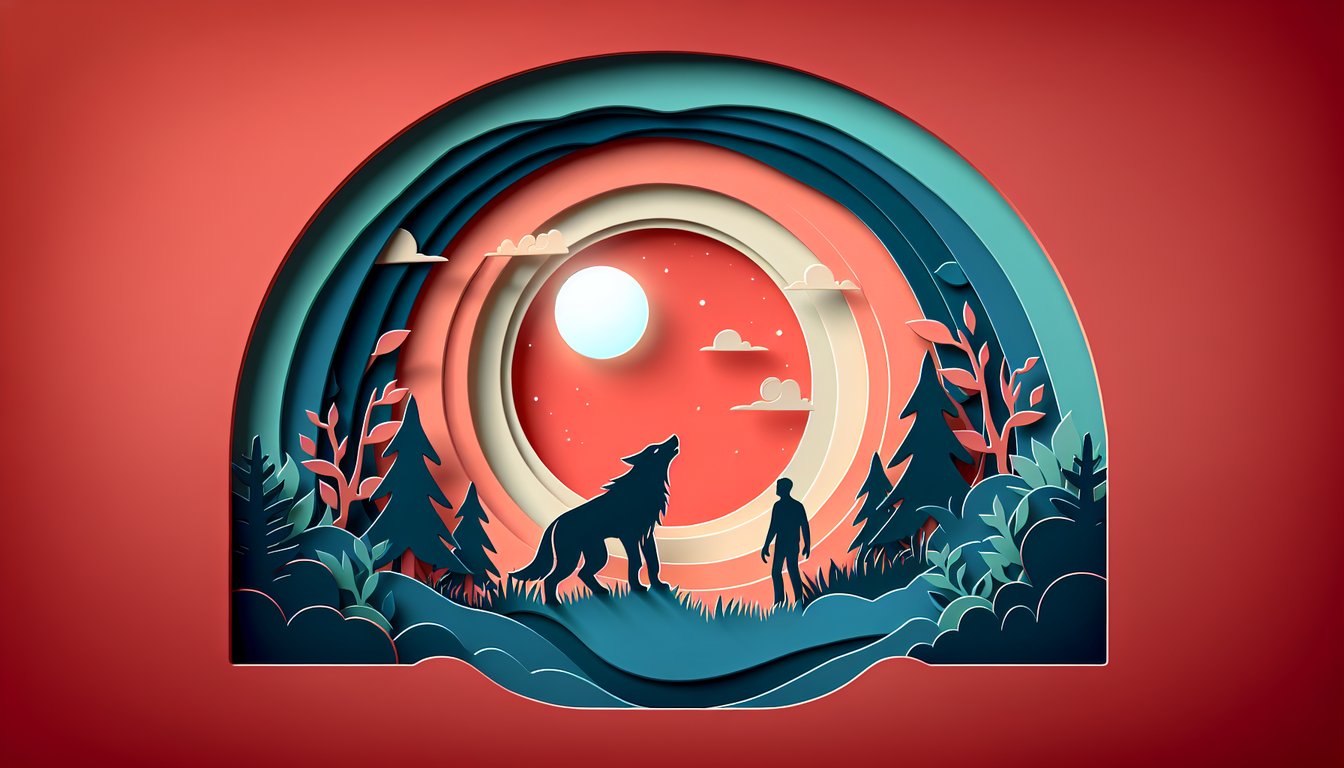Paper art illustration for wolf personality quiz on a coral background