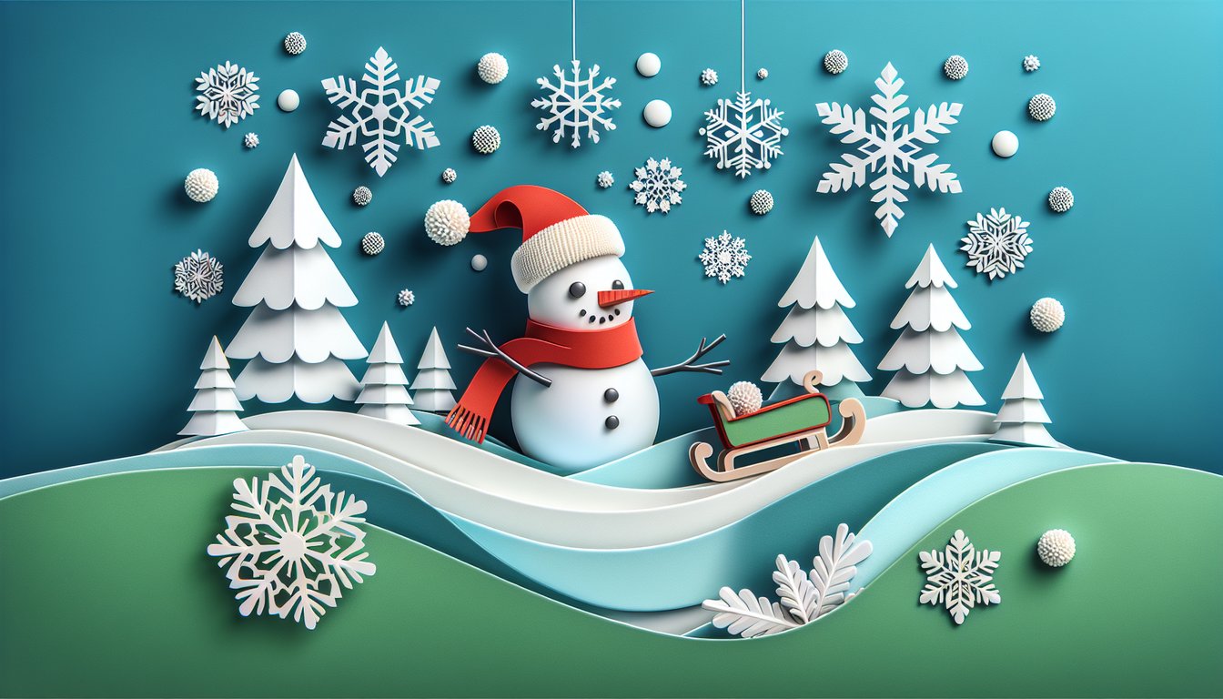 Paper art illustration for free snowman trivia quiz on teal background