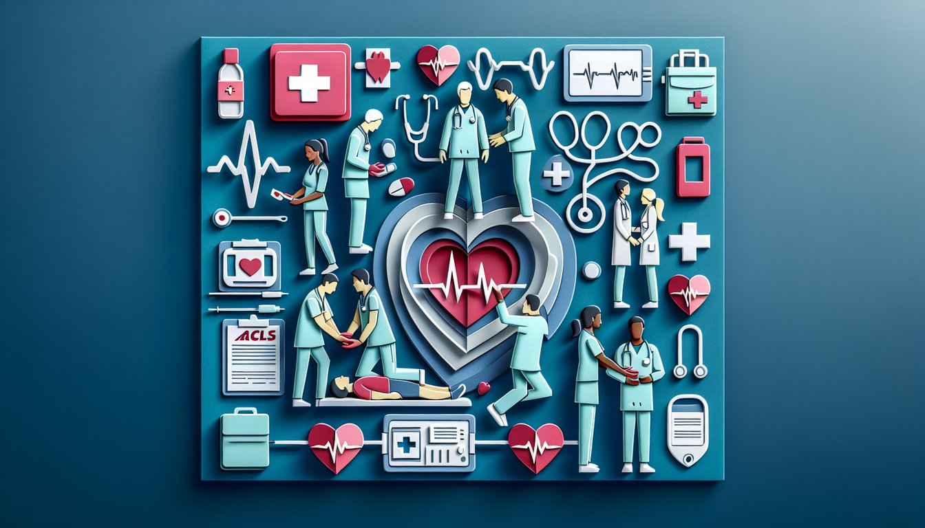 Paper art heart and ECG waveform on dark blue background promoting free ACLS practice quiz and life support skills readiness