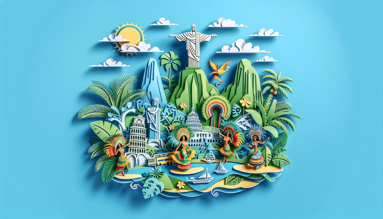 Paper art style Brazil quiz illustration with landmarks carnival mask coffee on sky blue background
