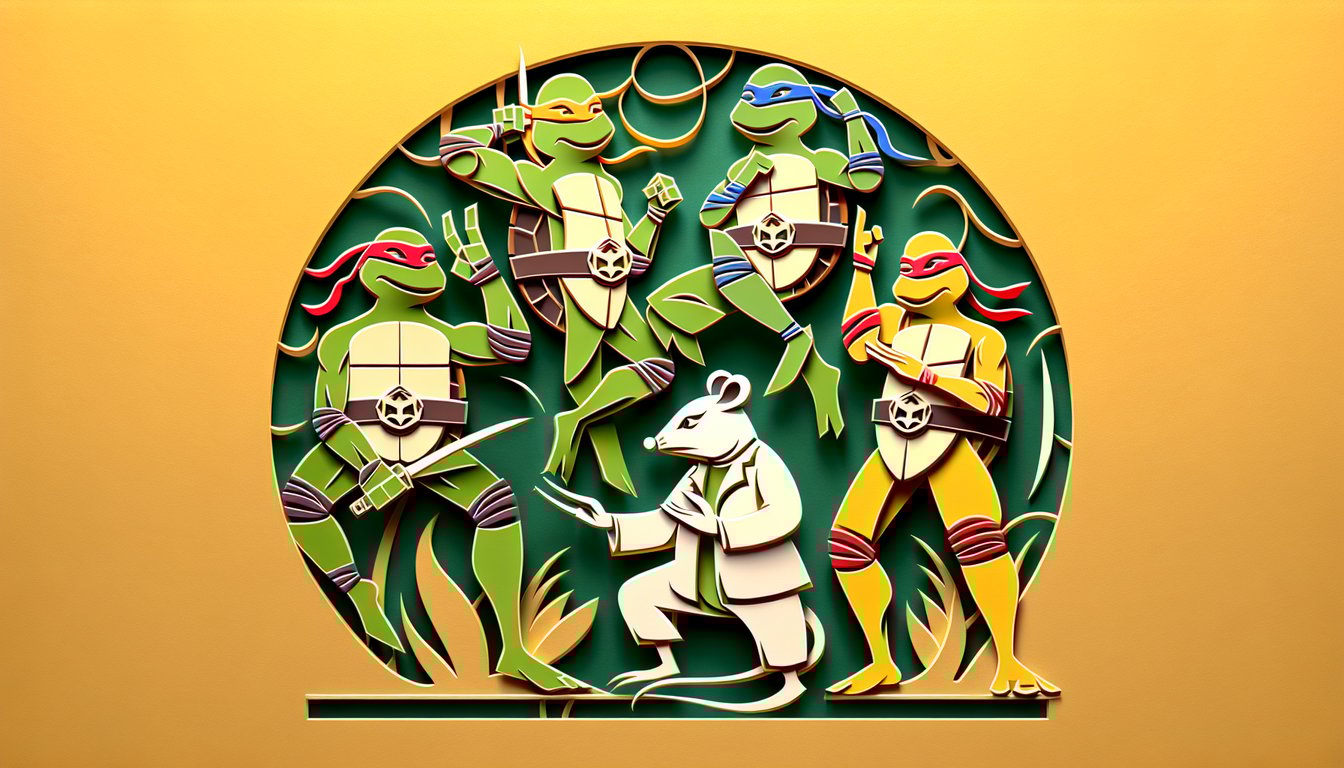 Paper art style orange masked turtle Michelangelo with sensei Splinter on golden yellow background TMNT trivia quiz