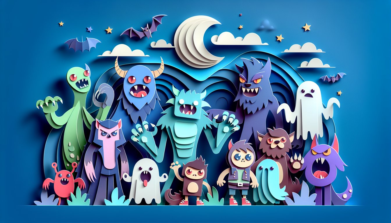 Paper art illustration for a monster-themed quiz on a sky blue background.
