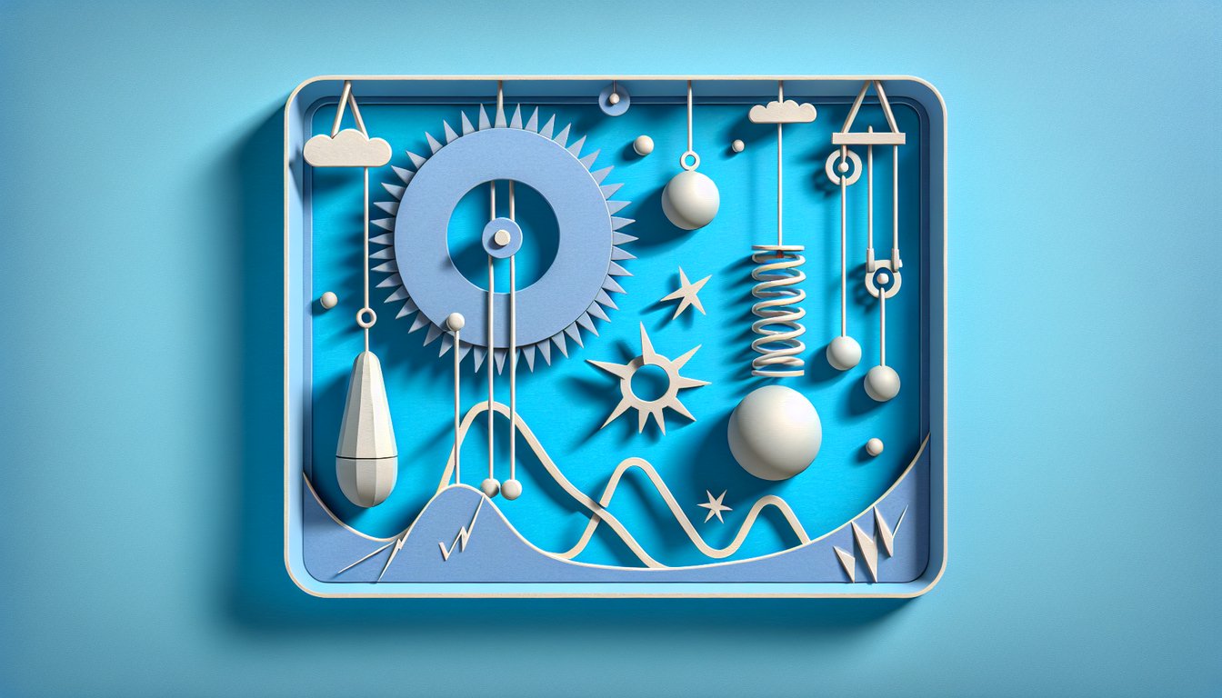 Paper art pendulum spring and timer on sky blue background illustrating simple harmonic motion energy and oscillations quiz
