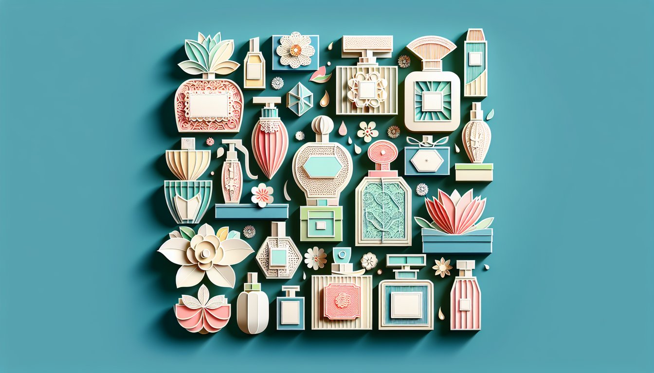Paper art collage of perfume bottles and flowers with quiz prompt on teal background