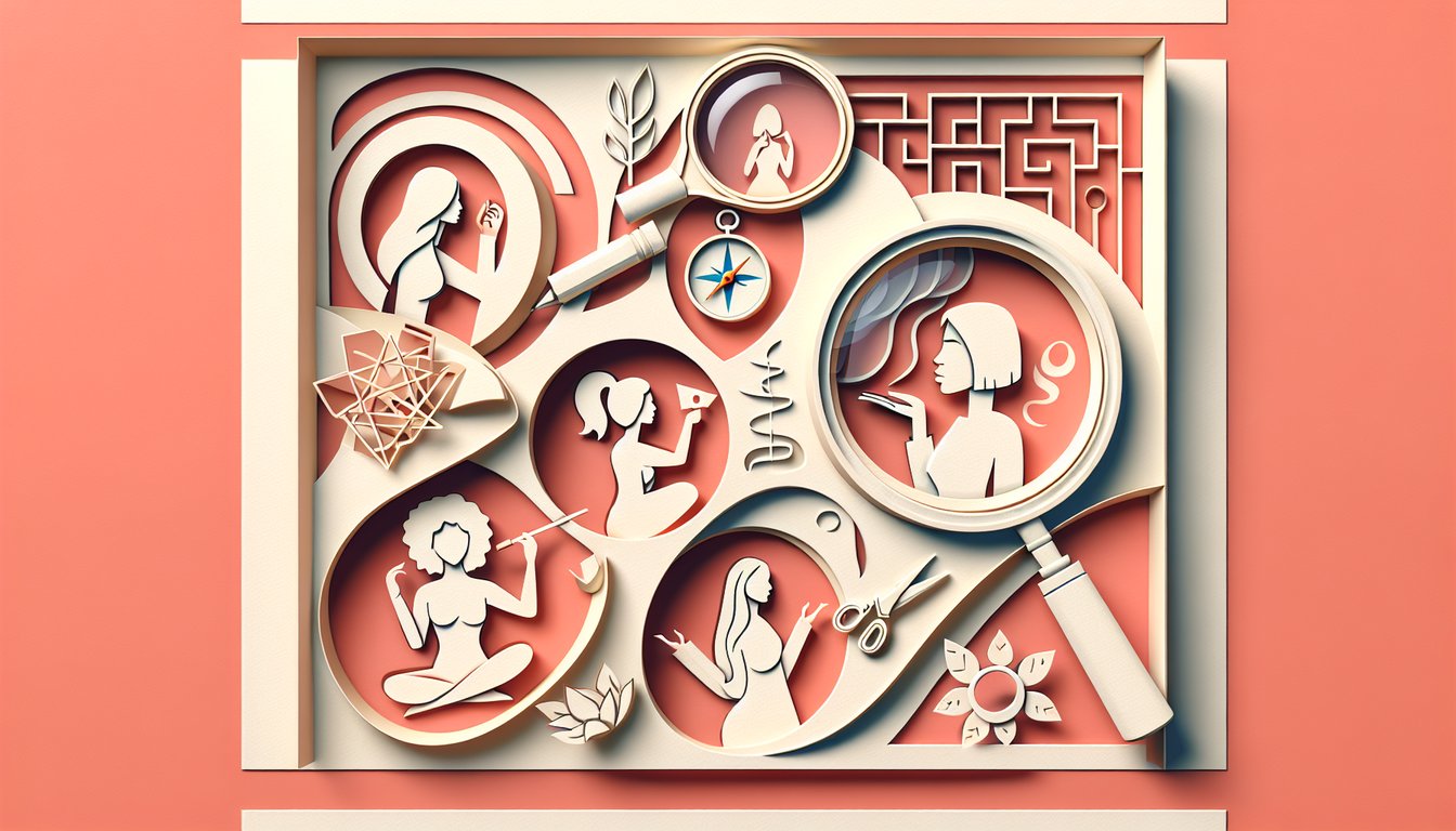 Paper art illustration for a womens personality quiz on a coral background