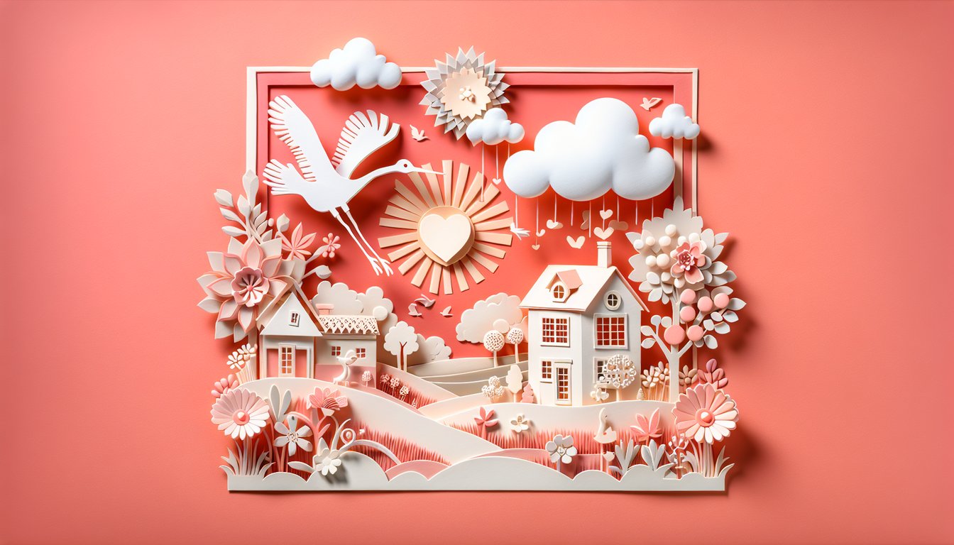 Paper art illustration for pregnancy prediction quiz on a coral background