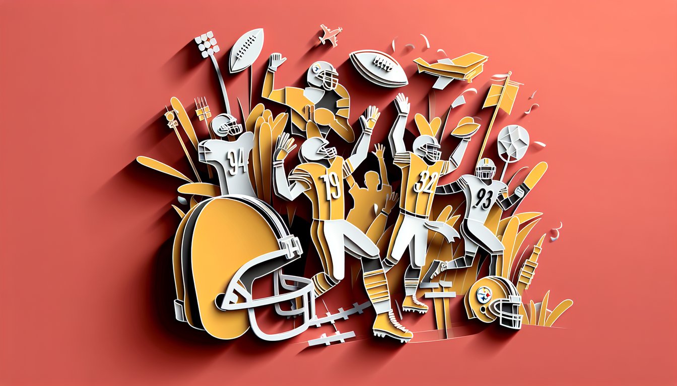 Paper art illustration for Pittsburgh Steelers trivia quiz on a coral background