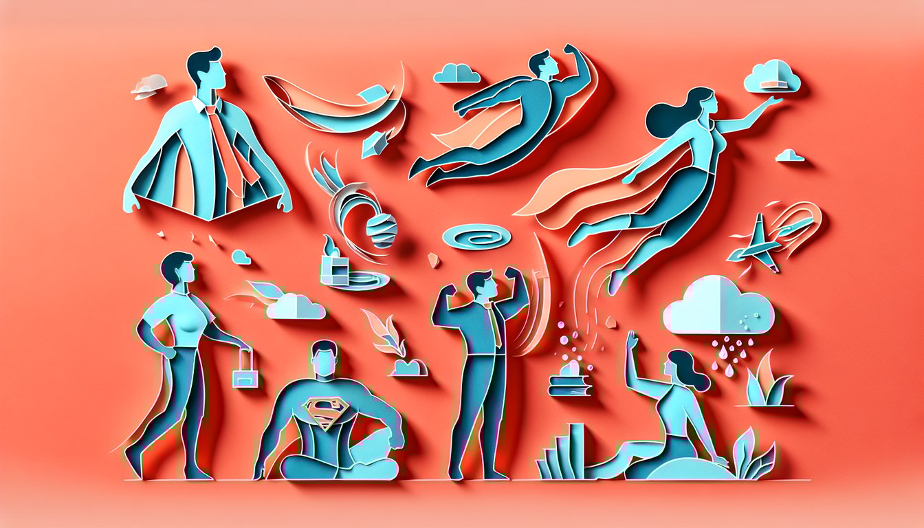 Paper cut style quiz illustration on coral background with superhero icons question-mark inviting discovery of hidden powers