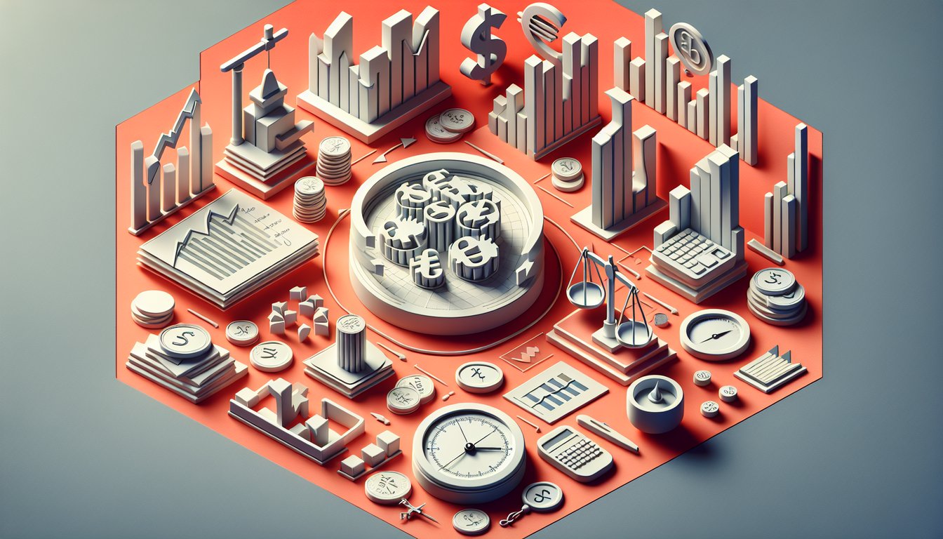 Paper cut quiz illustration with trading chart coins risk meter checklist on coral background