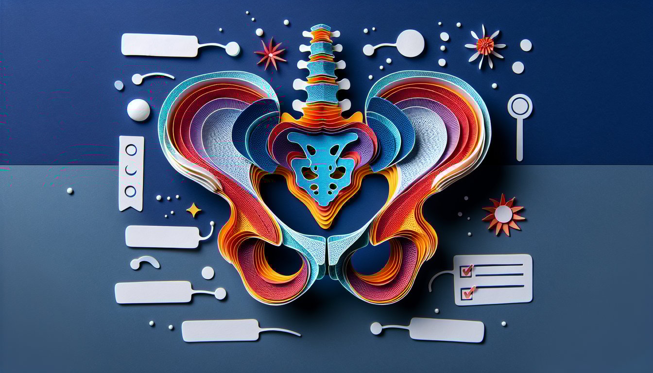 Paper art illustrating a trivia quiz about pelvic bone anatomy for high school students.