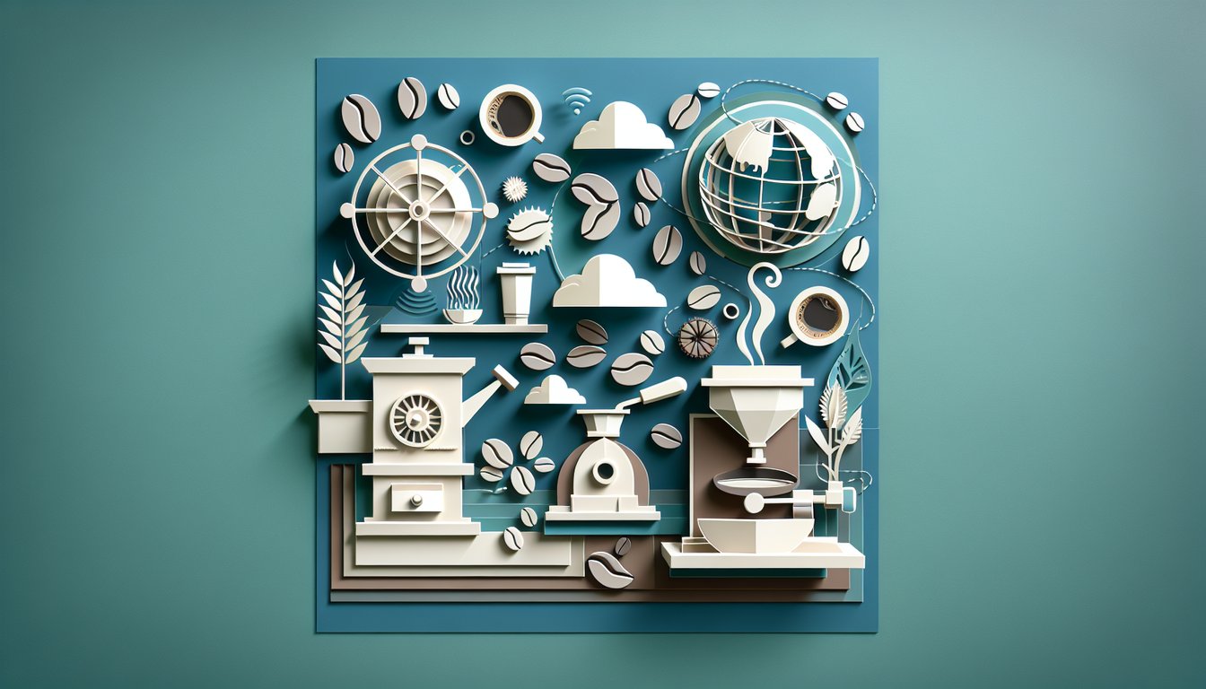 paper art coffee trivia quiz scene with coffee cup beans map pins roast icons on teal background