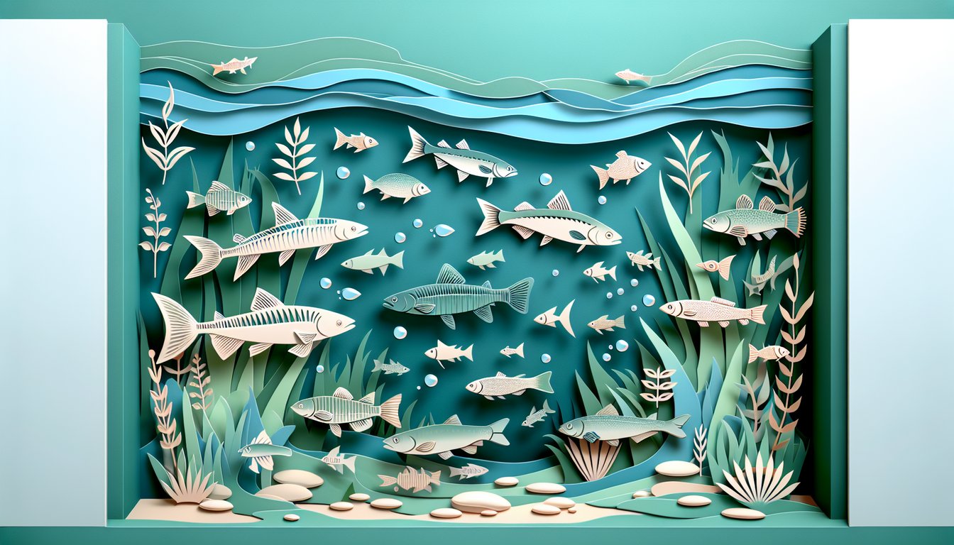 Paper art fish shapes and aquatic plants on teal background promoting a Wisconsin fish identification quiz