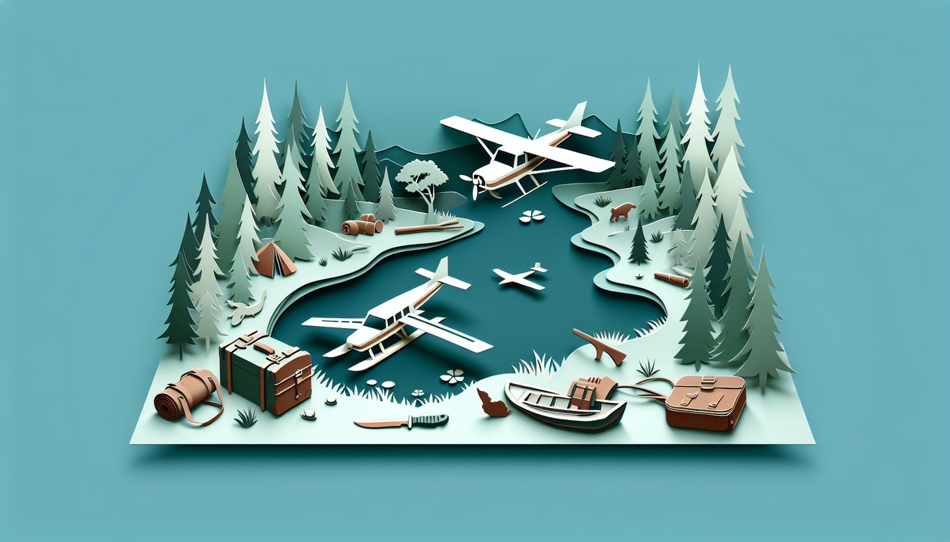 Paper art hatchet sinking in lake beside small raft and forest silhouette for Hatchet Chapter 3 quiz on teal background