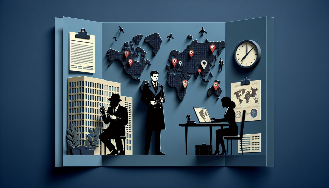 Colorful paper art illustration of spy gear on dark blue background inviting viewers to test their secret agent skills