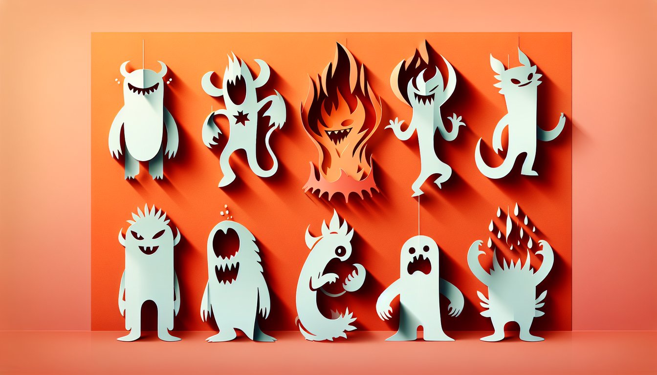 Paper art illustration for Pokemon personality quiz on a coral background