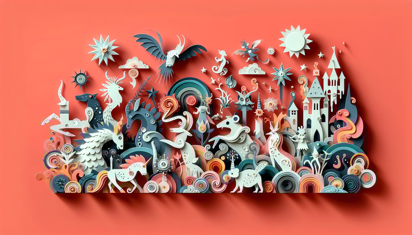 Paper art illustration on coral background featuring goblins giants wizarding creatures for Harry Potter animal quiz