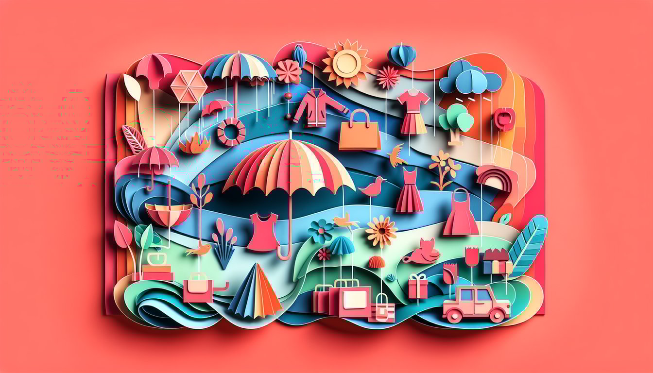 Paper art illustration for a color personality quiz on a coral background