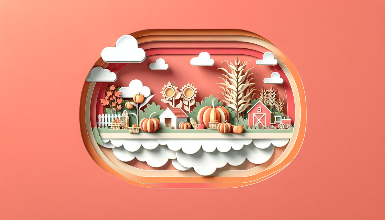 Paper art illustration of fall harvest quiz elements pumpkins, apples, cornstalks and farm tools on coral background.