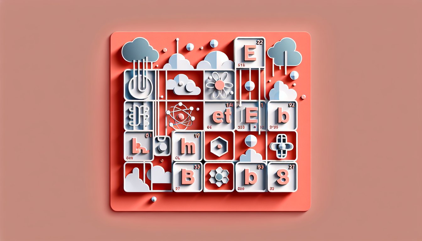 Paper cutout art of periodic table symbol blocks for a quiz on a coral background