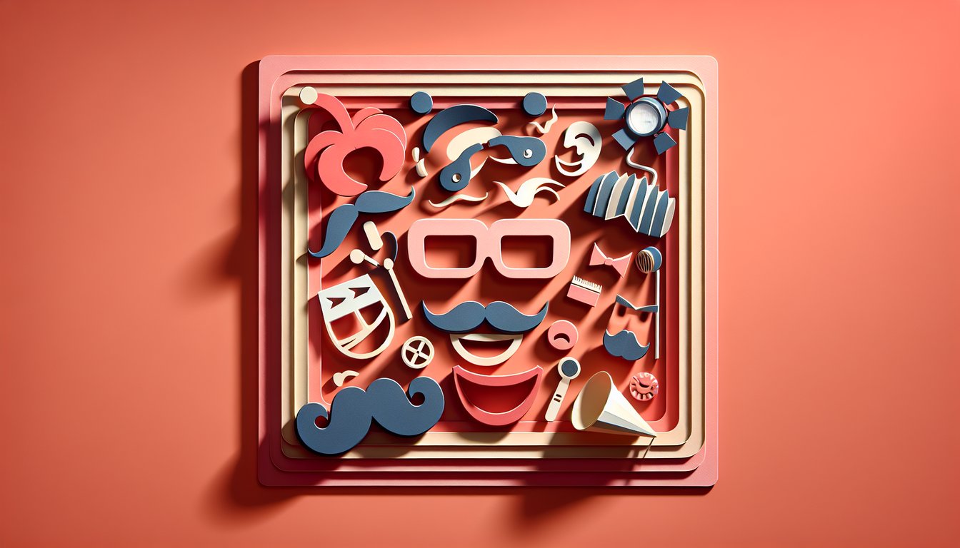 Paper art style shapes and text inviting humor style quiz fun on coral background.