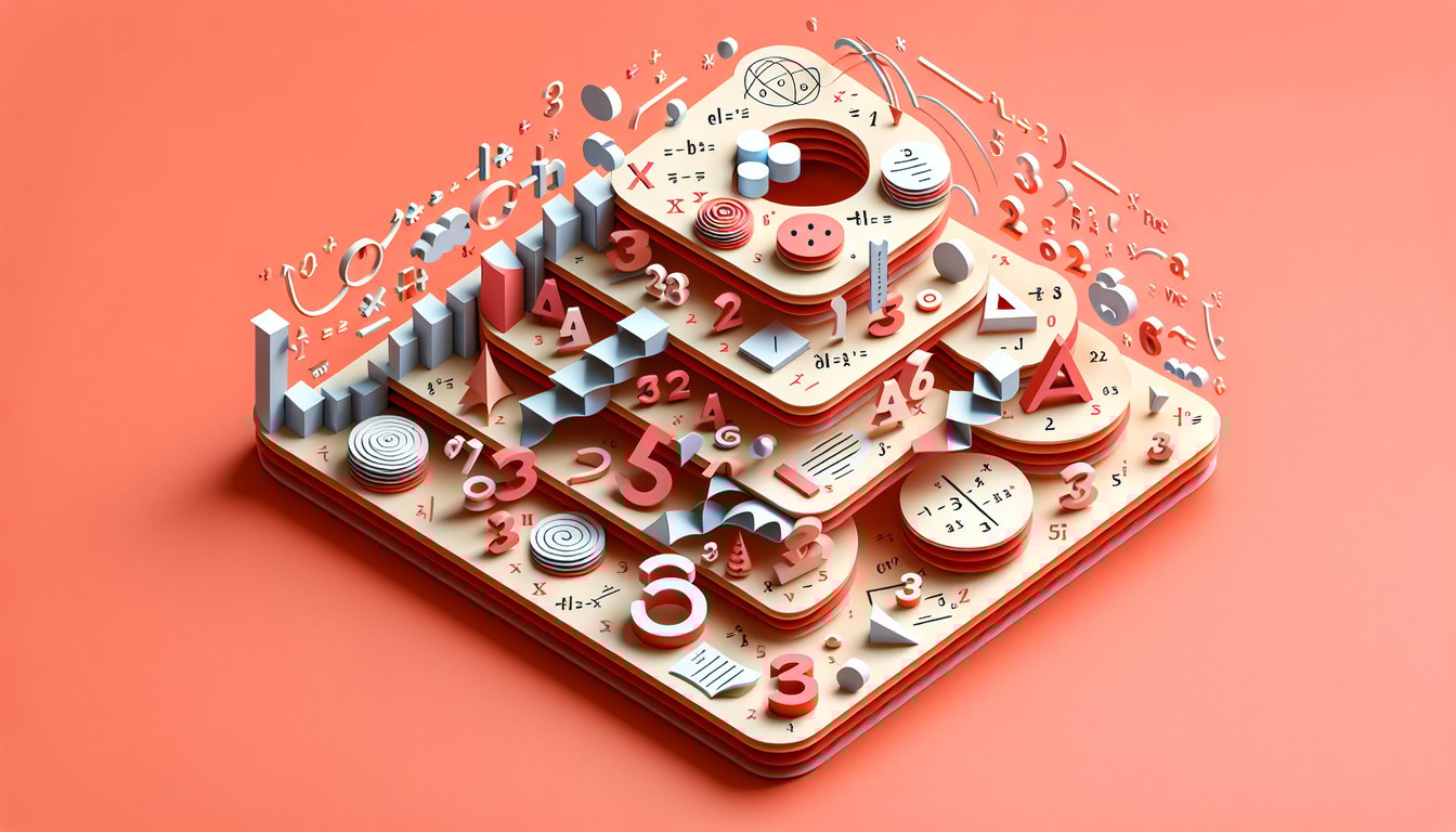 Paper art algebra expressions symbols and equations on coral background for beginning algebra quiz challenge