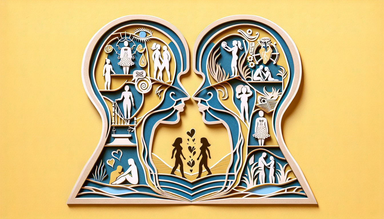 Paper art illustration of woman and thought bubbles on golden yellow background promoting quiz to spot narcissistic traits