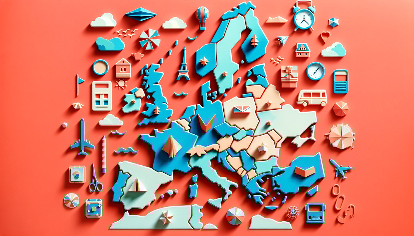 Paper art illustration for a Europe no borders quiz on a coral background