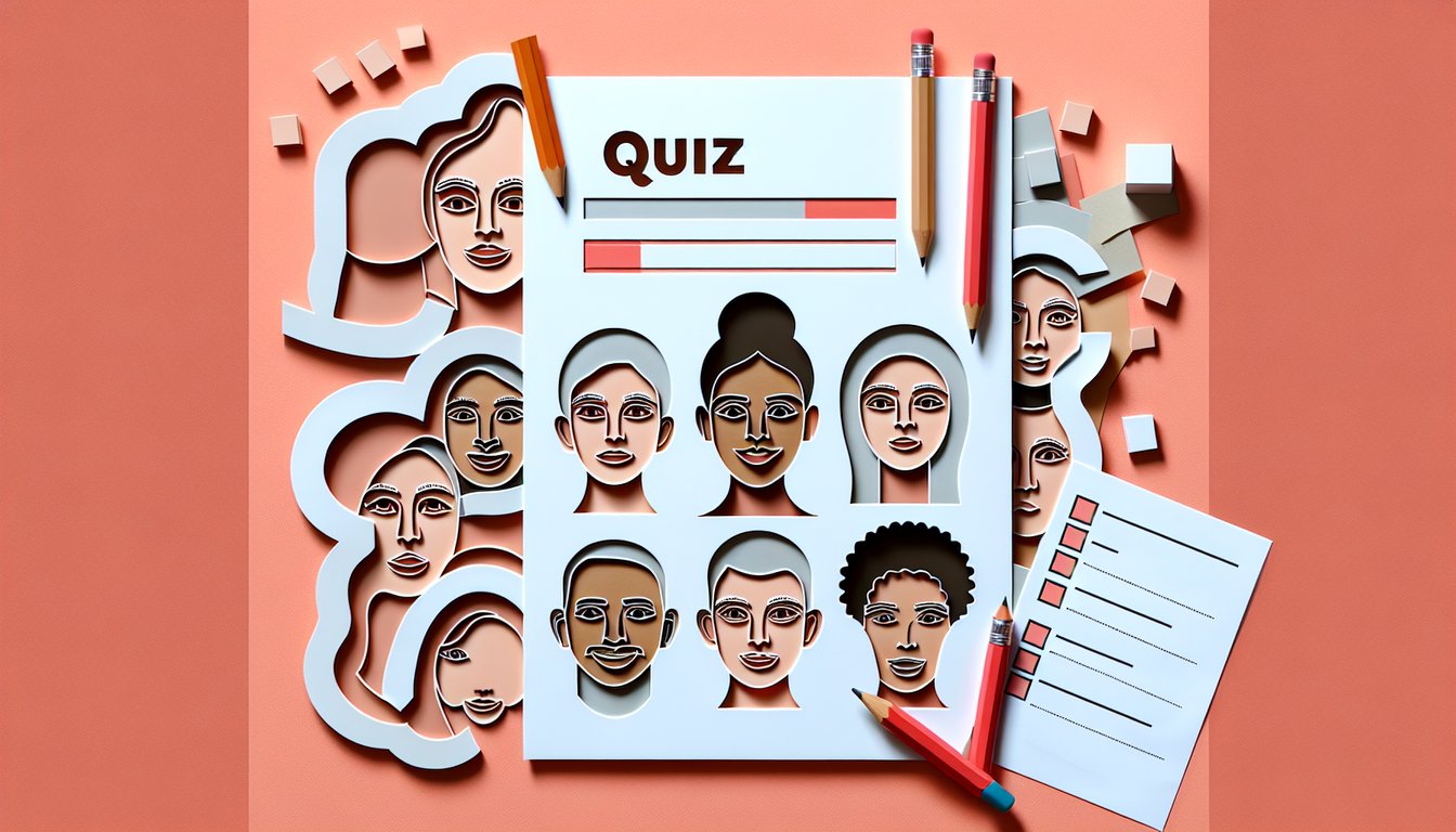 Paper art illustration for ethnicity quiz featuring various white faces on a coral background