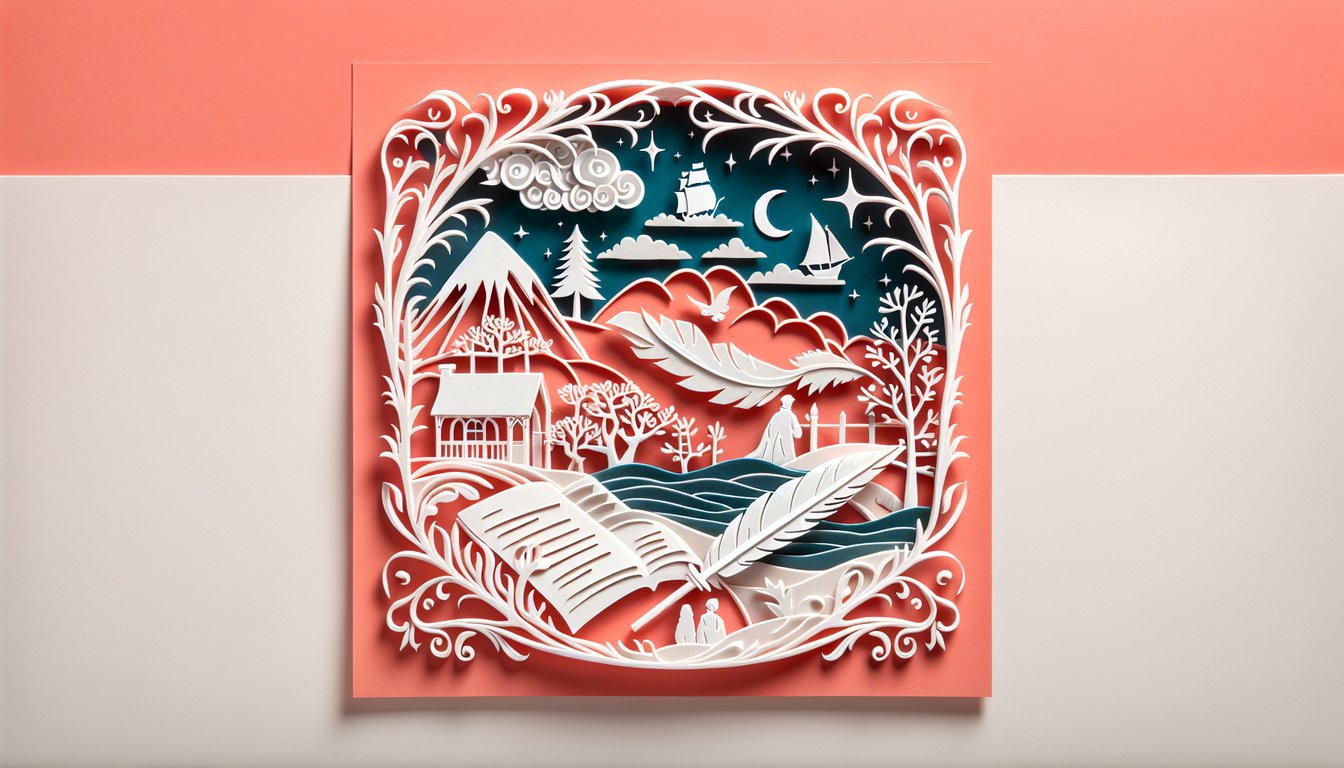 Paper art illustration for a quiz on Samuel Taylor Coleridges life and poetry on a coral background