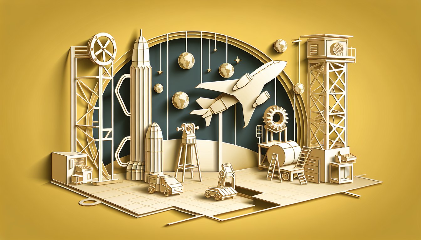 Paper art style illustration showing aerospace maintenance stands, jacks, and procedural icons on golden yellow backdrop.