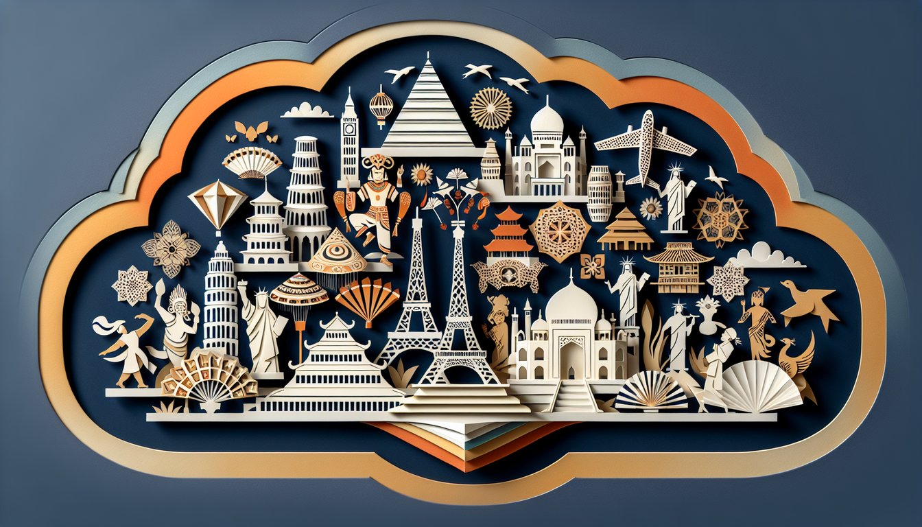 Paper art illustration of global landmarks flags and traditional patterns on dark blue background for culture quiz