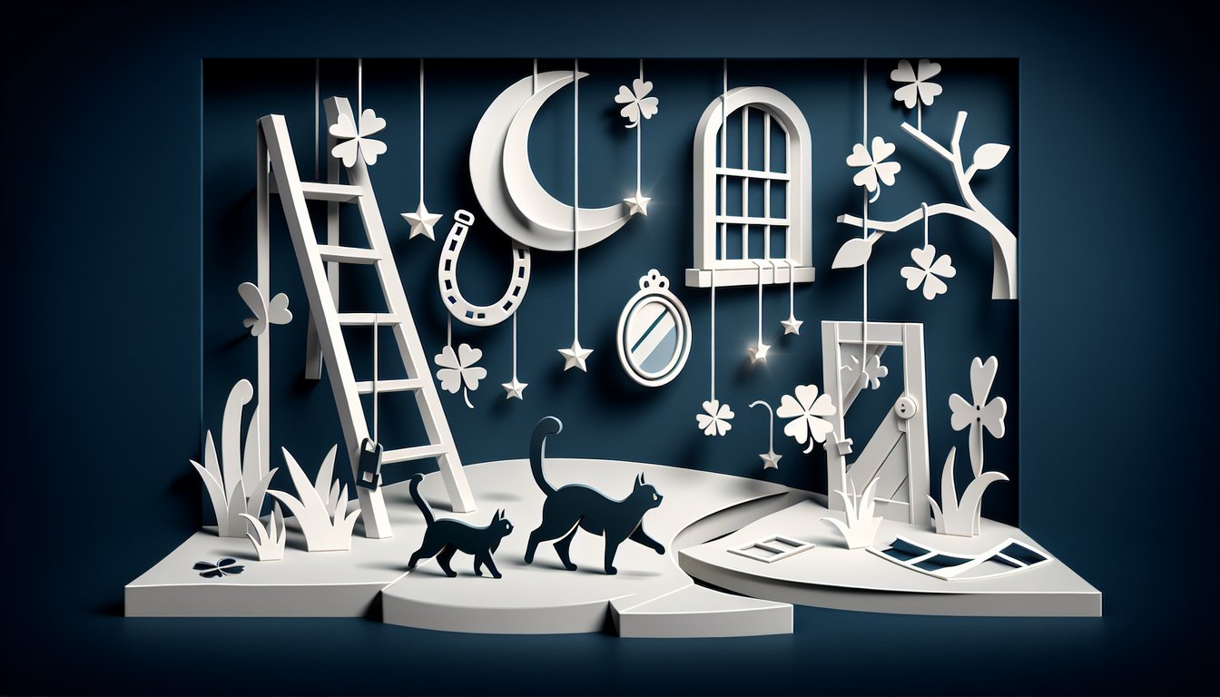 Paper art illustration of a black cat broken mirror spilled salt four-leaf clover and horseshoe on dark blue background