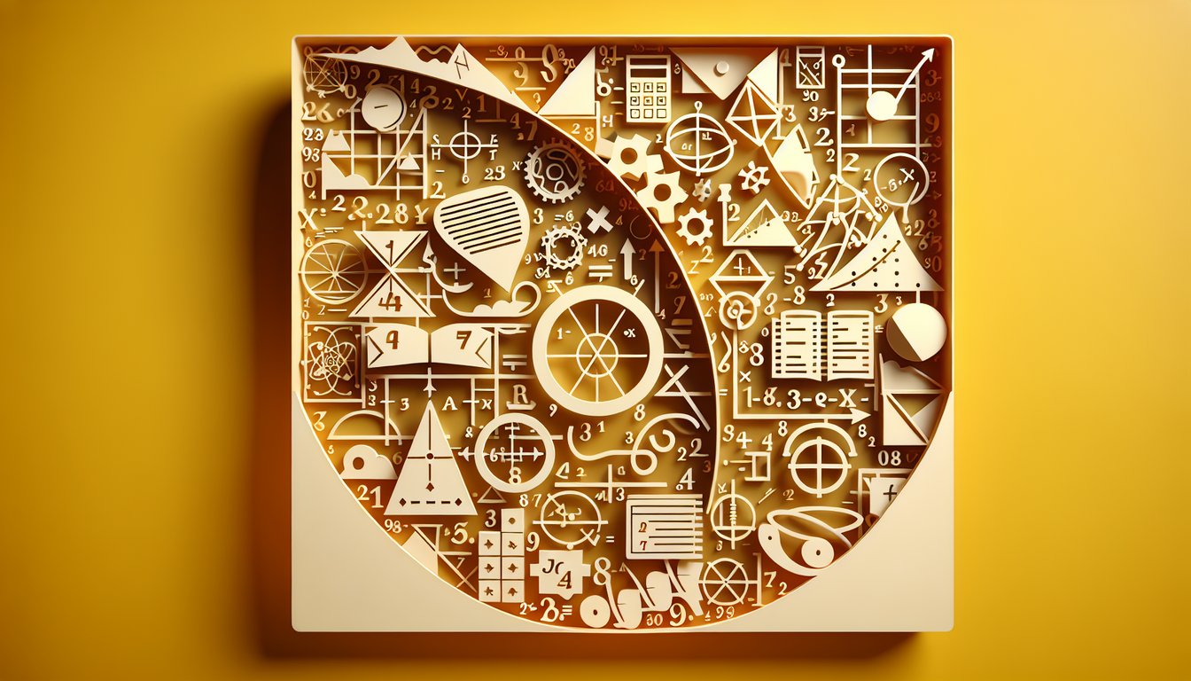 Paper art illustration for 9th grade math skills quiz on a golden yellow background