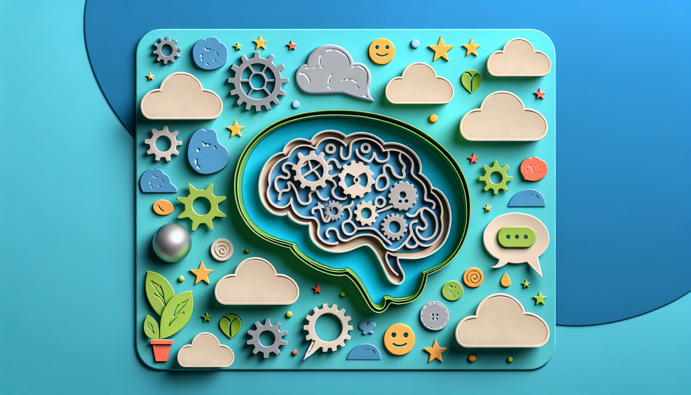 Paper art style illustration for CBT therapy quiz on teal background with abstract shapes question marks and therapy icons.