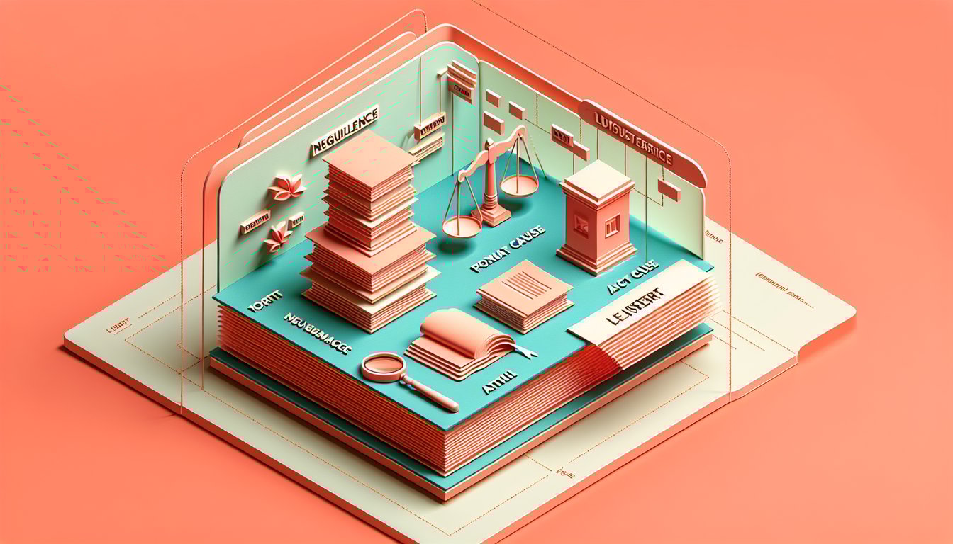Paper art style icons of scales, gavel, document and arrows on coral background representing a tort law causation quiz