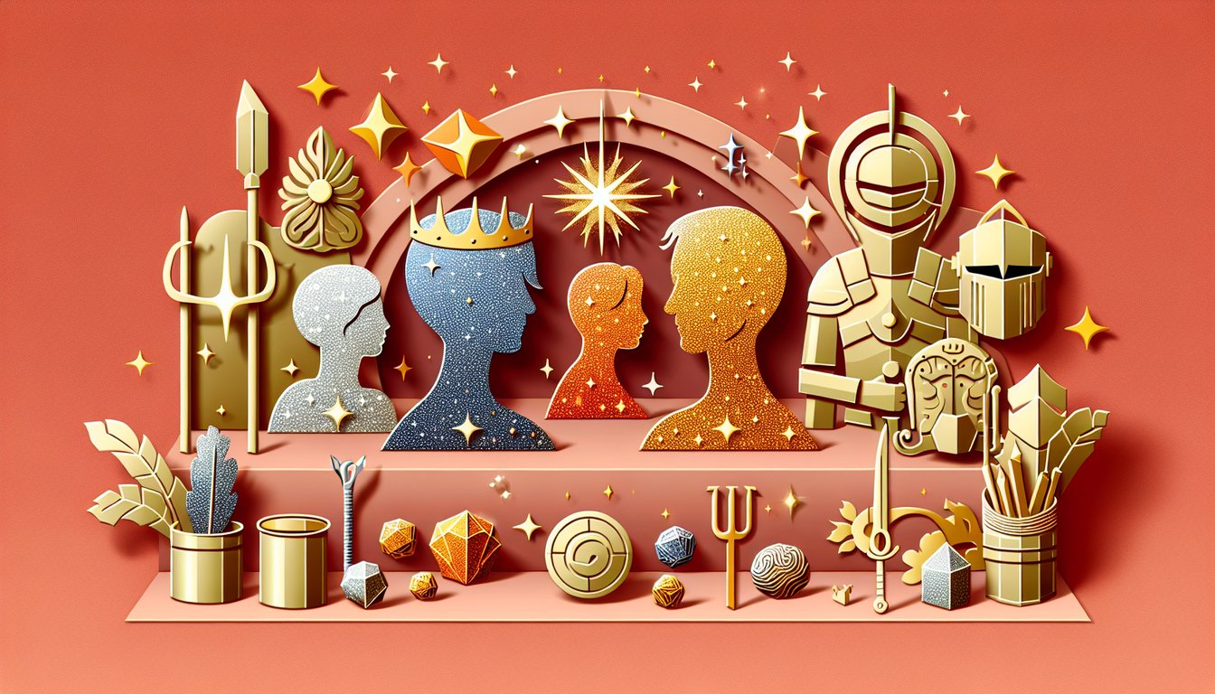 Paper art scene showing cutout metal symbols floating against coral backdrop evoking fantasy quiz vibes