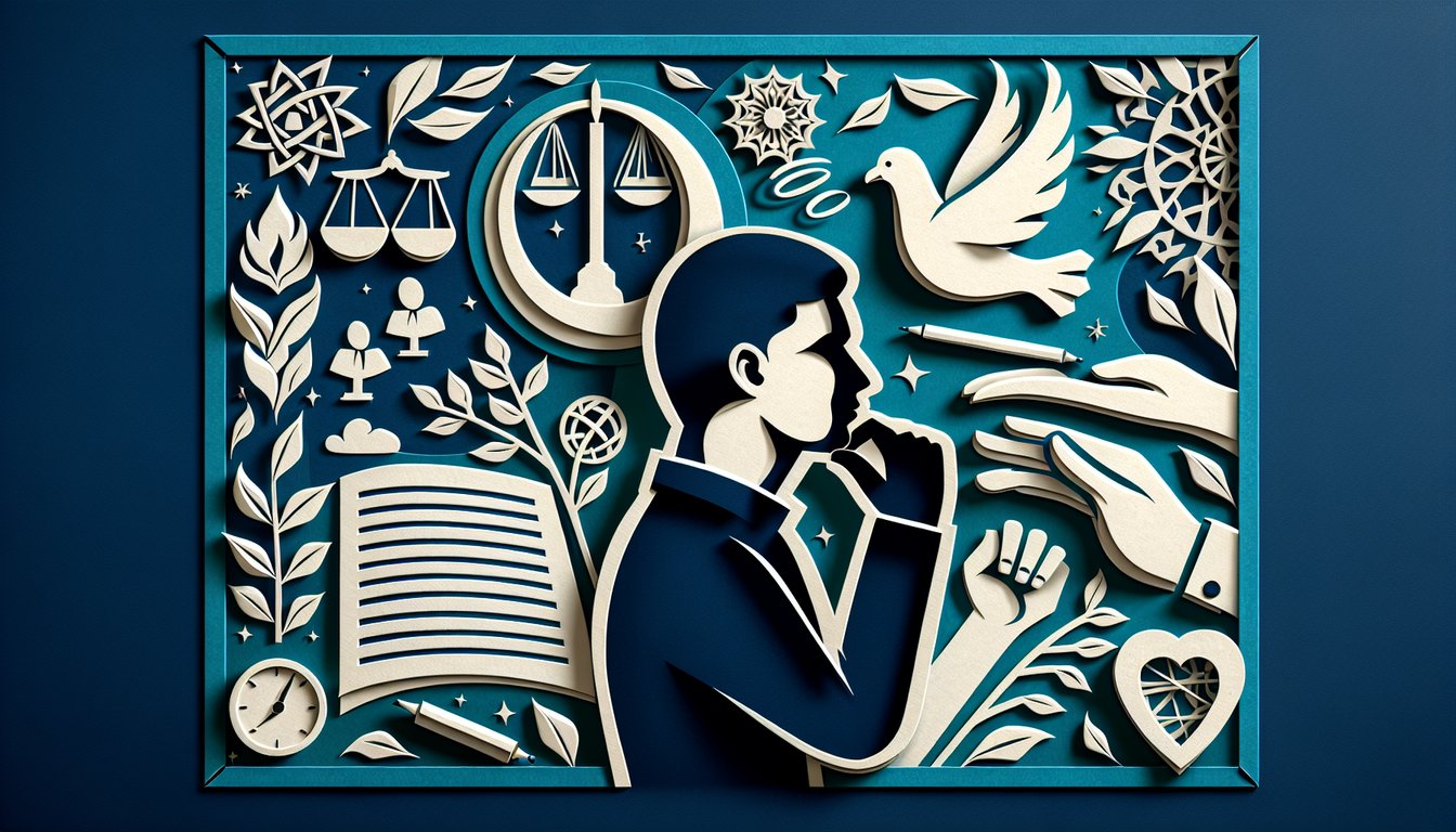 Colorful paper art promoting an interactive ethics quiz for high school students.