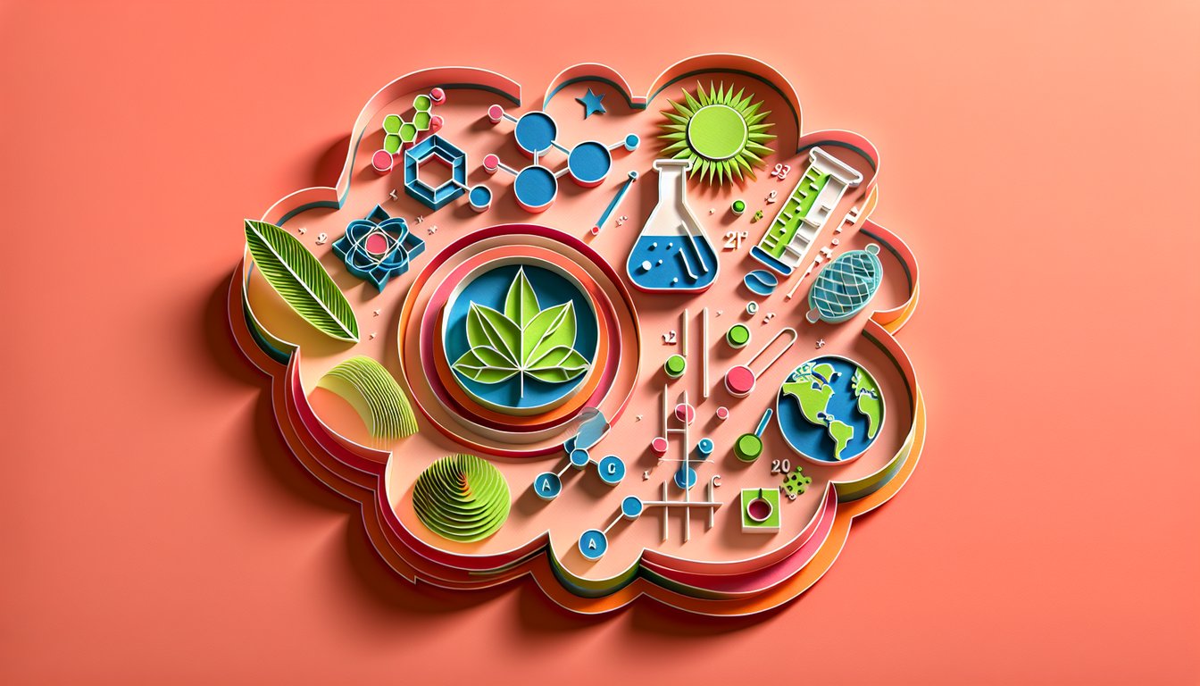 Paper art quiz scene shows children exploring science with test tubes books planet and rocket on coral background