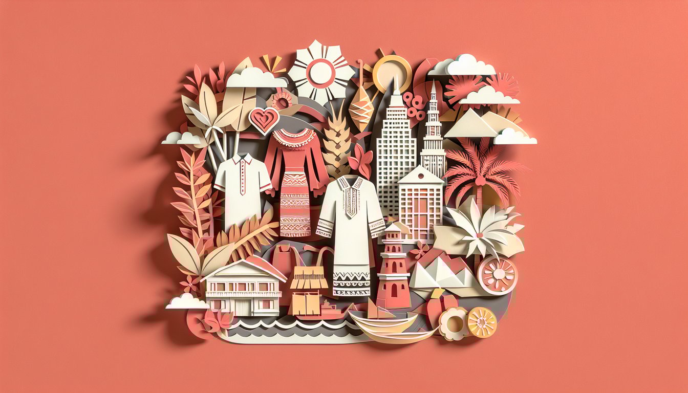 Paper art collage of Philippine icons and Tagalog phrases on coral background for Filipino spirit quiz