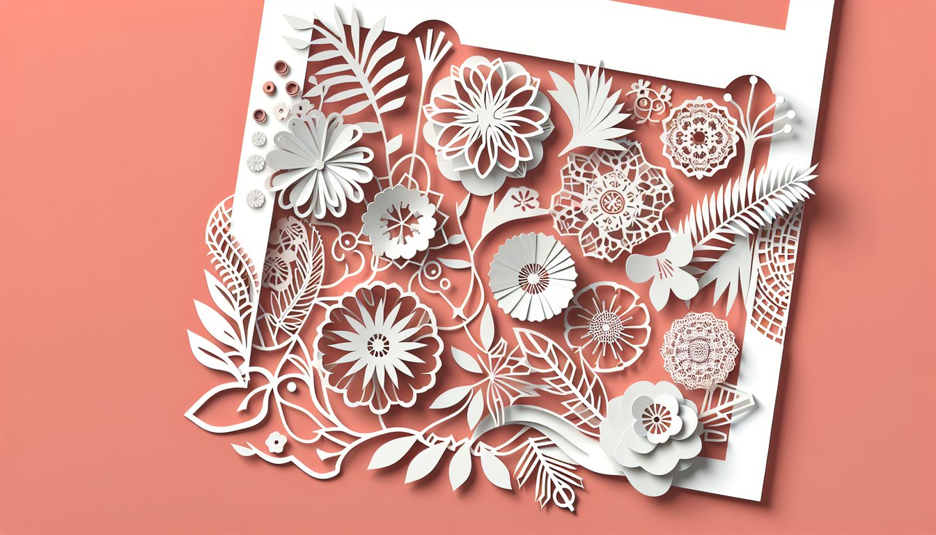 Paper art illustration for lingerie style quiz on coral background showing classic bra lace romantic ribbons, daring shapes