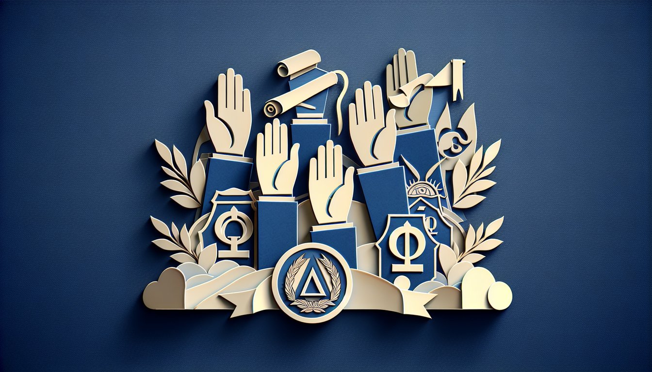 Paper art illustration for Alpha Phi Alpha pretest quiz on Epsilon Beta Chapter history on dark blue background