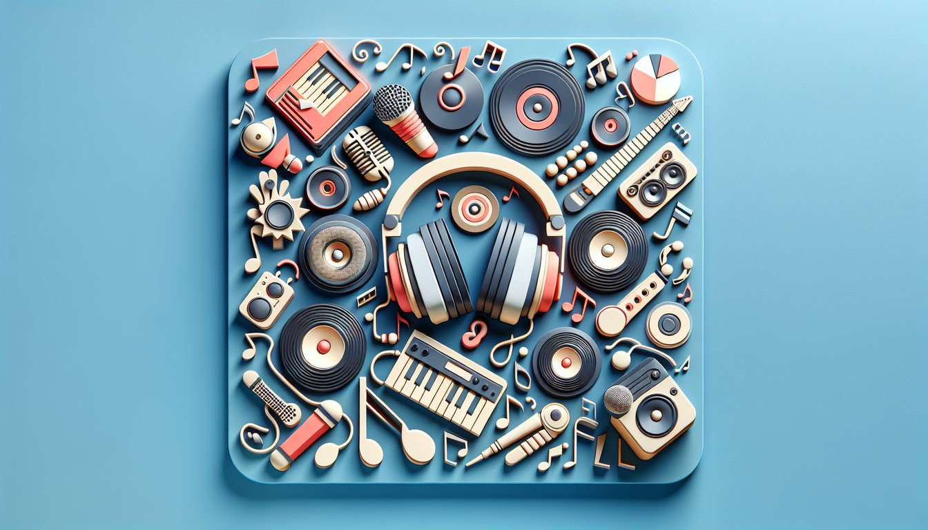 Paper cut collage of vinyl records microphones headphones musical notes on sky blue background for R B Soul Hip Hop quiz