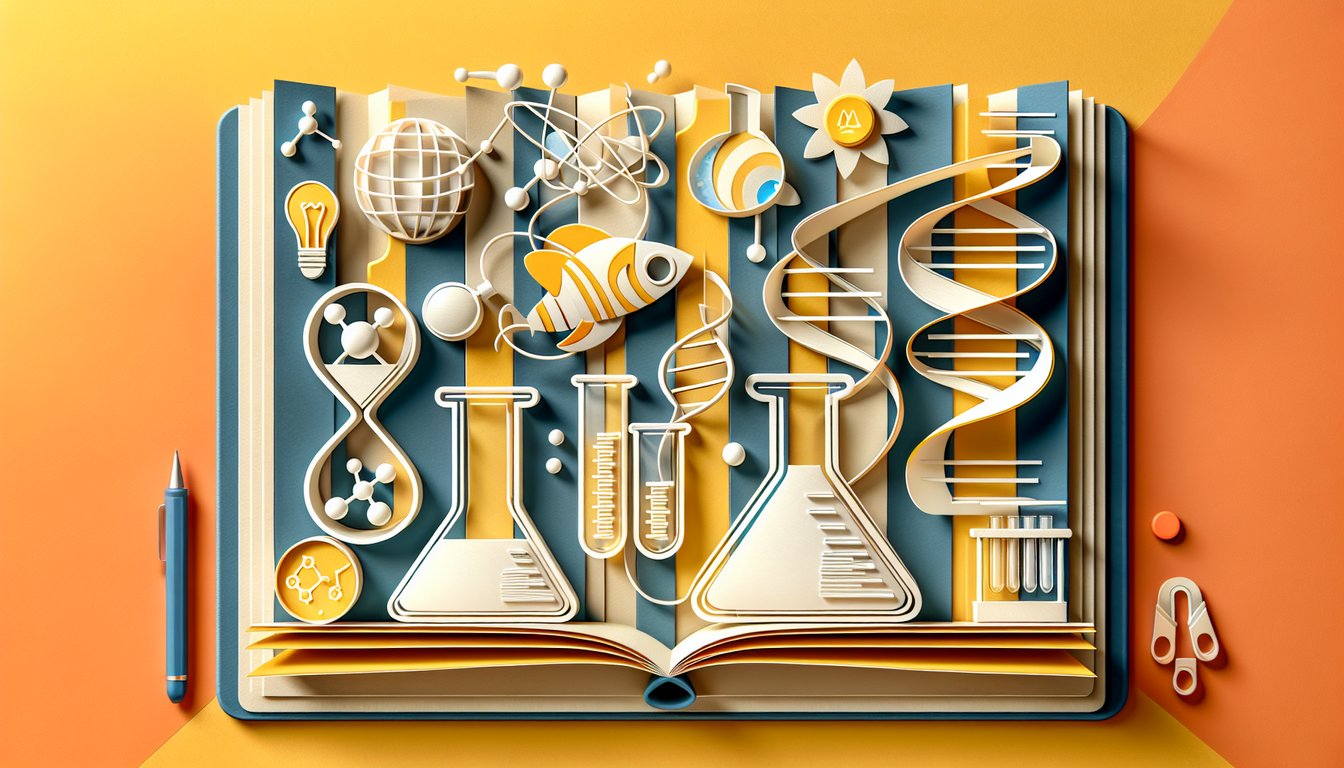 Paper art illustration for 6th grade science quiz on golden yellow background