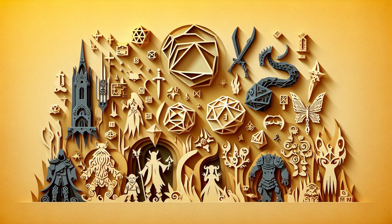 Paper art illustration for a DnD race personality quiz on a golden yellow background