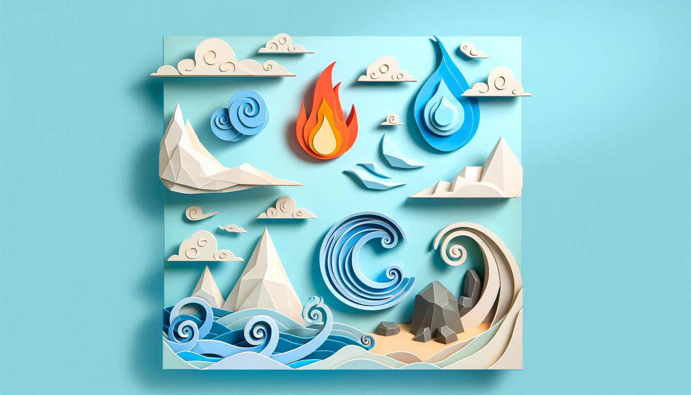 Paper art illustration of stylized fire and water swirls framing bending quiz title on sky blue background