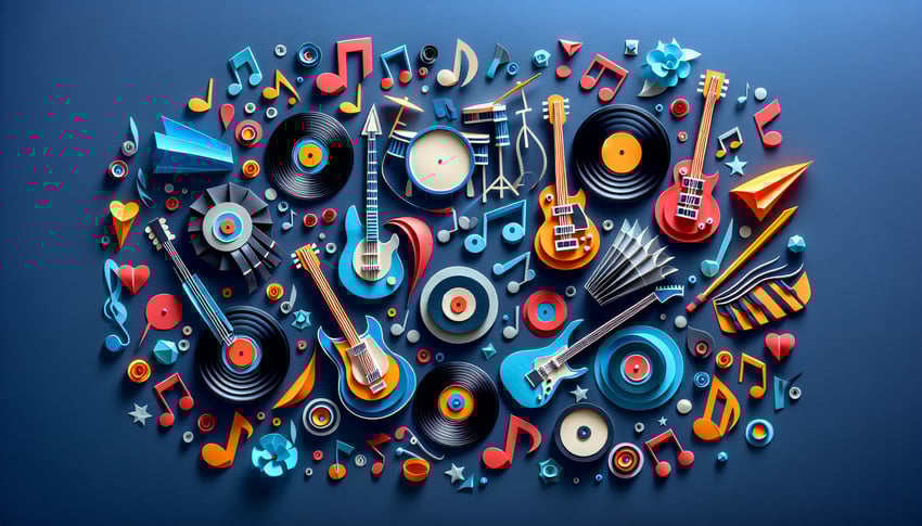 Colorful paper art displaying text for Rock Music Trivia Quiz