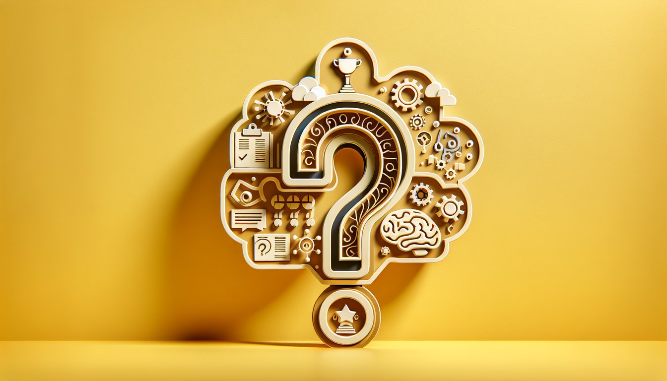 Paper art quiz theme with layered paper cards puzzle piece trophy book and question mark icons on golden yellow background