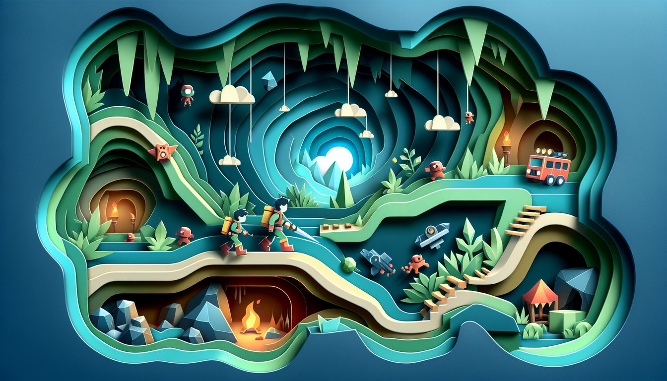 Paper art silhouettes of Spelunky 2 characters on teal background with free timed quiz prompt.