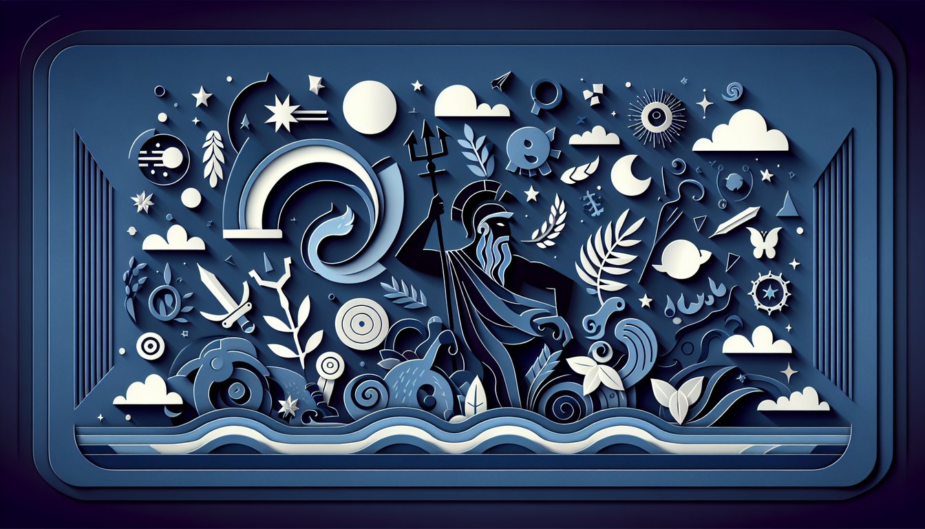Paper art illustration for a Greek God personality quiz on a dark blue background
